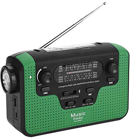 Radio de emergencia FM/AM/SW, altavoz de sonido manos libres Bluetooth con cancelación de ruido de llamada con linterna LED, carga USB, energía de manivela solar y manual, soporte TF Music Play(Verde)