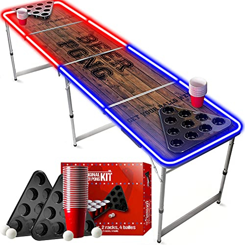 Beer Pong Offizieller Light Tisch Set | Mit LED Beleuchtung | LED Full Pack | Inkl. 1 Tisch + 2 Rack + 22 Rot Becher 53cl + 4 Ping-Pong-Bälle | OriginalCup®