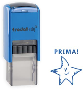 Trodat edy FIX Tampon de motivation pour enseignants et éducateurs, kit de tampons de motivation - 1 motif étoile Prima allemand, boîtier bleu, empreinte bleue, auto-encreur - 20 x 20 mm
