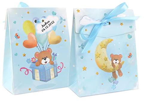 50Pcs Boîtes Baptême Cadeau Bonbonnière 8x4x10CM Sachets Mariage Ballotin Papier Coffret Faveur avec Ruban et Etiquette Cartes pour Décoration Anniversaire Garçon Fille(Bleu)