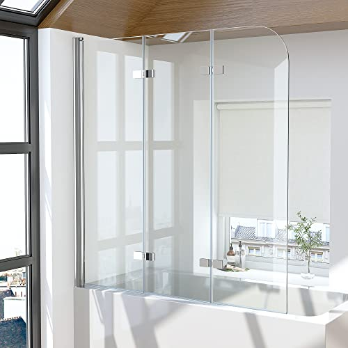 Duschwand für Badewanne 3-teilig Faltbar 130x140cm Duschabtrennung, Badewannenaufsatz Duschtrennwand 6mm ESG Sicherheitsglas mit Beidseitig Nano beschichtung, Silber 130cm Badewannenfaltwand