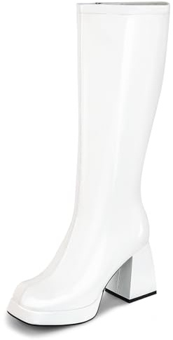 SOVANYOU White Knee High Boots for Women White Gogo Boots of the 70s Disco Tall Boot Square Toe Chunky High Heeled Patent Leather Long Boot