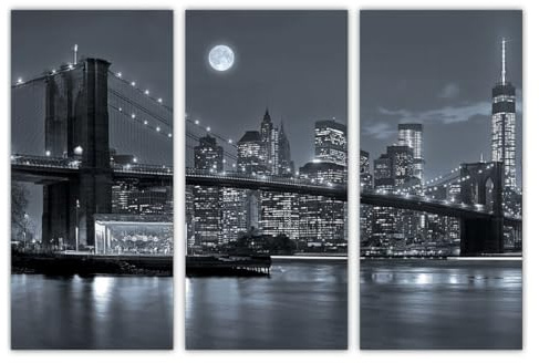 AREDE Uppsättning av 3 väggkonstmålning bild affisch svart och vit Brooklyn Bridge (90 x 60 cm) hem kontor väggdekor vardagsrum sovrum dekoration redo att hänga upp