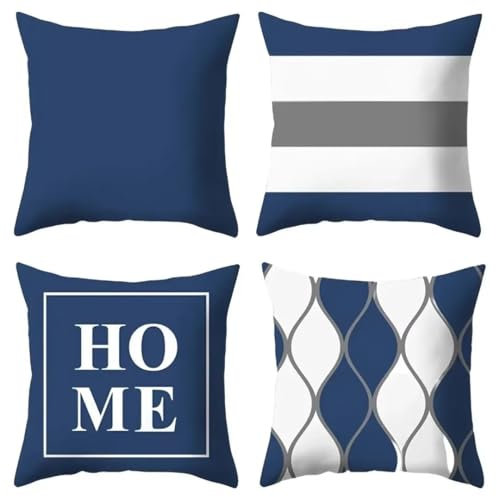 4er Set Dekorative Kissenbezüge 35x35cm Kissenhülle Baumwolle Leinen Outdoor Kissenbezug Zierkissenbezug mit Verstecktem Reißverschluss für Kinder Sofa Schlafzimmer Zuhause Dekor Blau und weiß,14x14in