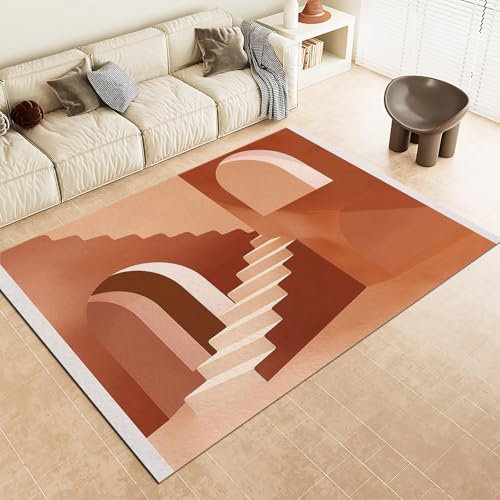 Teppich Wohnzimmer Terrakotta, Minimalistische Geometrische Bögen Waschbar rutschfest Weich Kurzflor Teppich, Vintage Teppich für Wohnzimmer, Schlafzimmer, Esszimmer, 160x230cm