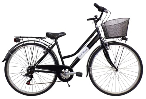 Cicli Tessari - bicicletta da donna bici da passeggio city bike ruota 28 trekking cambio 6 velocita' con cesto anteriore (nero)