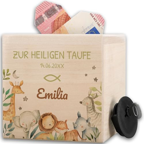 Spardose Holz - Holzpardose Safari Tiere zur Heiligen Taufe personalisiert I Taufgeschenke für Mädchen Geschenk Taufe Junge I Taufgeschenk personalisiert I Geldgeschenk zur Taufe - 10x10cm - Holz
