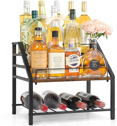 Bikoney Estante para Botellas de Vino de 3 Niveles – Organizador de Licor, Jarabes y Whisky, Estantería Retro para Barra de Casa, Almacenamiento Elegante para Cocina y Comedor