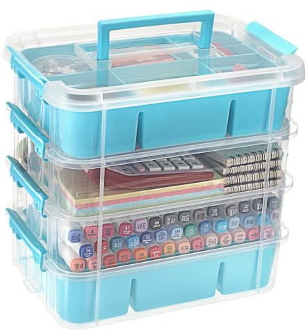 IGNPION Stackable Storage Box, 4 Layer Adjustable Plastic Storage Box with Carrying Handle Transparent Organizer Containers for Arts and Crafts Toys Sewing Accessories (Blue)