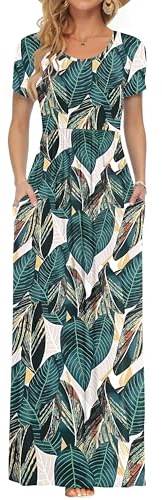 AUSELILY Maxi Dress for Women Summer Casual Long Dresses for Laydies with Pockets New Leaf Print L