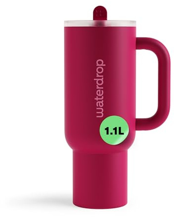 waterdrop® Thermobecher mit Strohhalm 1,1L – Auslaufsichere, robuste Trinkflasche mit aufklappbarem Trinkhalm, Hält 12h kalt, Trinkbecher mit Deckel, isolierte Edelstahlflasche