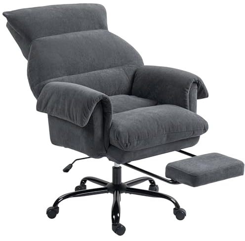 HOMCOM Silla de Escritorio con Reposapiés, Silla de Oficina Giratoria, con Respaldo Reclinable y Alto, Asiento y Reposabrazos Anchos, Acolchado Grueso, Tapizada en Terciopelo, Altura Ajustable, Gris