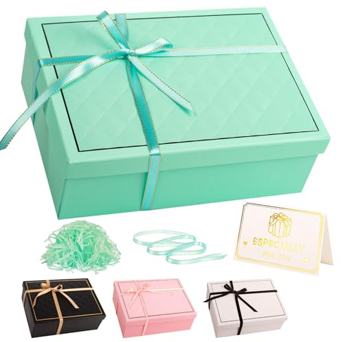 Caja de regalo verde azulado con tapa, 25 x 18 x 9 cm, cajas de regalo de lujo medianas y grandes para regalos, caja de regalo vacía de cartón para cumpleaños, boda, Navidad, San Valentín, caja de