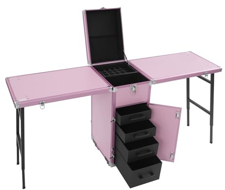 BAOCHADA Tavolo per manicure, tavolo per manicure professionale con rotazione a 360°, tavolo per unghie portatile con freni e resistente all'acetone, per nail tech e studio cosmetico (rosa)