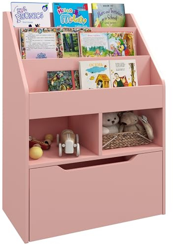 HOMCOM Estantería Infantil de Madera con 3 Compartimentos 2 Cubos y Cajón Móvil con 4 Ruedas Librería Infantil para Habitación de Niños Sala de Juegos 60x29,9x90 cm Rosa