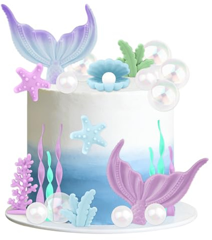 24pcs Mermaid Cake Topper, Mermaid Tail Cake Decorations with Seaweed Shells Starfish Coral, Under the Sea Cupcake Decor Set for Girls Birthday Party (Blue-Purple)