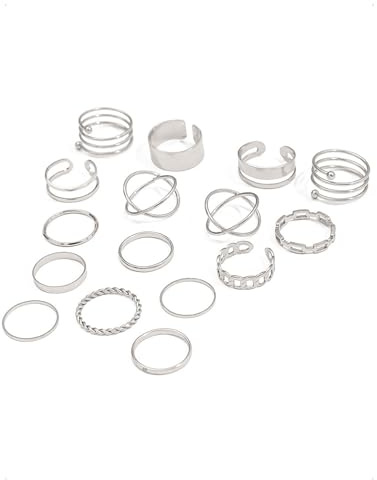 KONFEN Set di 16 Anelli Donna Regolabili, Anelli Multigiunto Stackable in Metallo, Gioielli Minimalisti Vintage per Falange Da abbinare liberamente Braccio e Dita, Argento