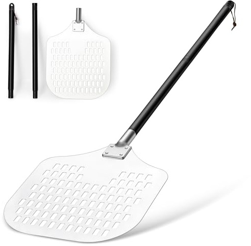 Herogo pizzaspade 30 cm stor perforerad pizzaspade, långt handtag | Rektangulär pizzaspade av hårt anodiserat aluminium, yta pizzaspade med avtagbart handtag, 30,6 x 42,6 x 124,5 cm