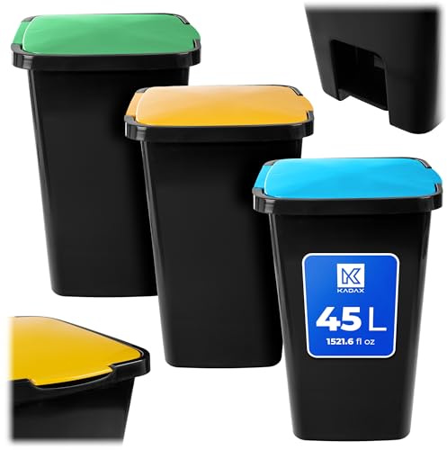 KADAX Pedalhink 45 liter, set om 3, papperskorg med pedal och lock, stor soptunna för avfallsseparation, plastsophink avfallsbehållare med fotpedal