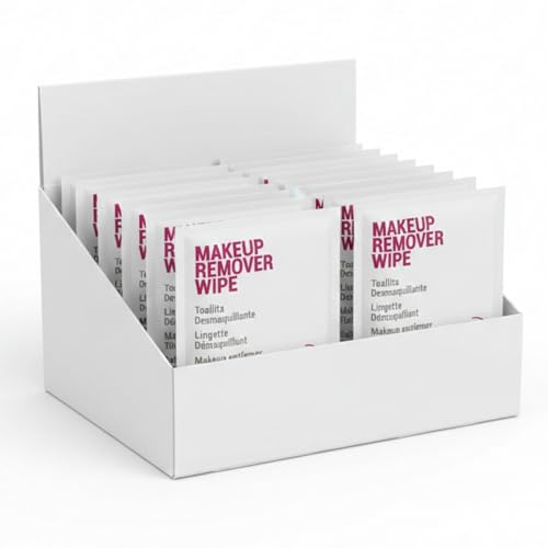 50 Sobres Toallita Desmaquillante – Makeup Remover Wipe monodosis, limpieza facial, formato viaje, amenities baño, kit bienvenida, pack hotel, reposición rápida