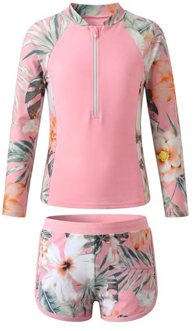 Keyck Traje de Baño Niña 2 Piezas Manga Larga Rash Guard 11-12 Años, Rosa