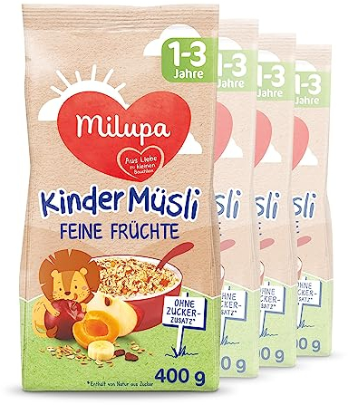 Milupa Kindermüsli Feine Früchte – Getreide Frühstück Müsli von 1 bis 3 Jahre, Ohne Zuckerzusatz, Babynahrung, 4 x 400g