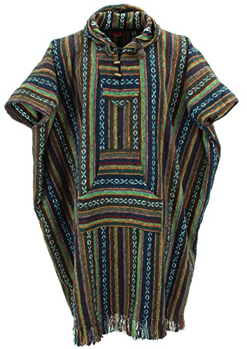 LOUDelephant 100% Woven Cotton Long Hooded Poncho - Brown, Green & Navy