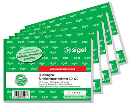 SIGEL SD120/5 Quittungsblock für Kleinunternehmer, fortlaufend nummeriert, eindeutige 7stellige Nummer, A6 quer, 5 Stück, 2x30 Blatt, selbstdurchschreibend, aus nachhaltigem Papier