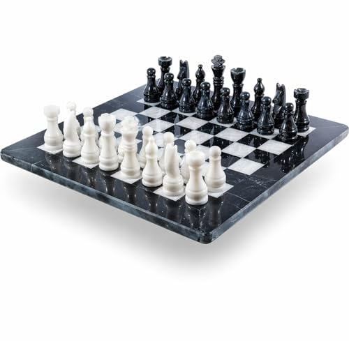 15 Handmade Himalayan Marble Chess Set – Black & White Marble Board Game – Luxury Decorative Chess Board with Hand Carved Pieces