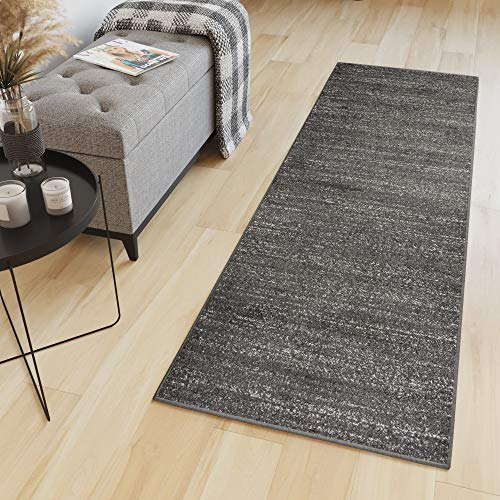 TAPISO Sari Teppich Läufer Flur Schwarz Meterware Kurzflor Küche Wohnzimmer Schlafzimmer Küchenläufer Korridor Brücke nach Maß ÖKOTEX 90 x 200 cm