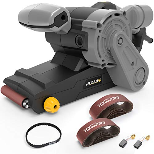 Lijadora de banda Jellas, lijadora de 1000 W con control de velocidad de 6 niveles, interruptor de bloqueo automático y 12 bandas de lijado, adecuada para eliminar óxido y pulir