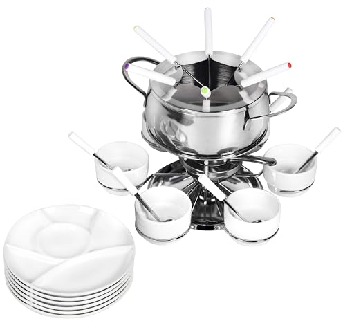 Ribelli Fondue Set 28-teilig Edelstahl 6X Gabel, Löffel, Teller, Schälchen Käsefondue Fleischfondue 6 Personen