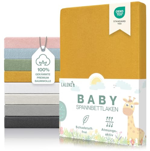 Laleni Premium Spannbettlaken 70x140x15 cm Babybett | Oeko-TEX zertifiziertes Bettlaken 70x140 cm Kinderbett | Kinderbettwäsche 70x140 aus 100% Baumwolle | Spannbettlaken 70x140 Baby in Gelb