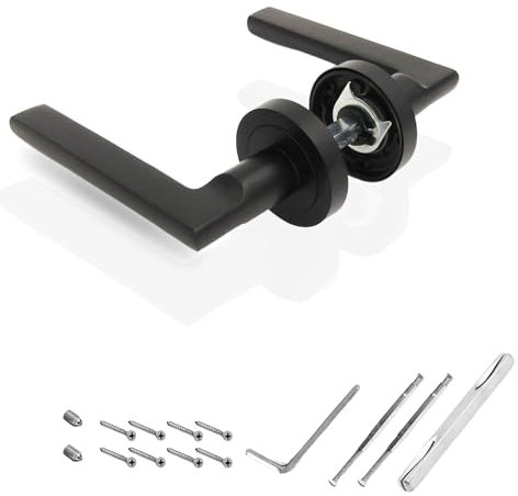 AZERODESIGN -Maneta Puerta -Manetas Puertas Interior Casa-Juego de Manivela Roseta Redonda 50 mm Diámetro -Largo de 115 mm -Color Negro Mate -Material Aluminio