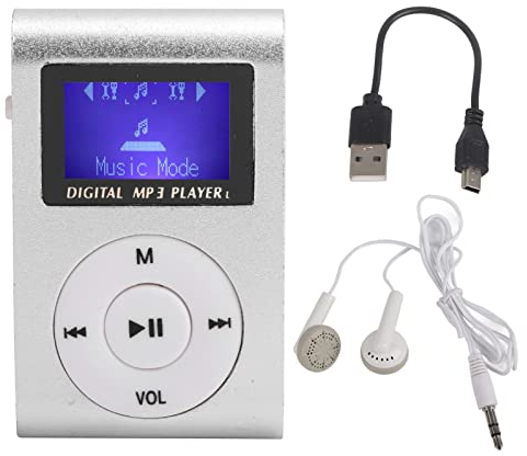 PUSOKEI Mini MP3 Music Player, Portable Mini Sports MP3 Player with Back Clip + LCD Screen, Supports Memory Card up to 32G (Silver)