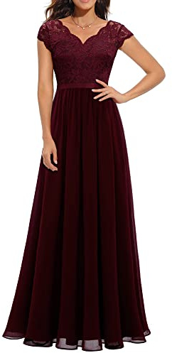 YILEEGOO Women 's Vintage Lace Chiffon V Neck Formal Long Dress Wedding Bridesmaid Party Maxi Dress (Burgundy, L)