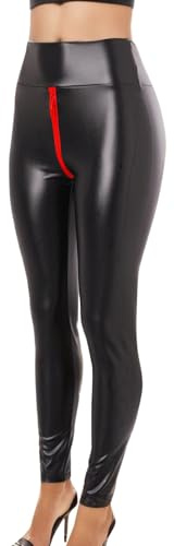 Legging en cuir synthétique pour femme - Taille haute - Fermeture éclair - Entrejambe ouvert - Coupe ajustée - Style punk gothique - Streetwear - Festival - Fête - Nuit, Noir , S
