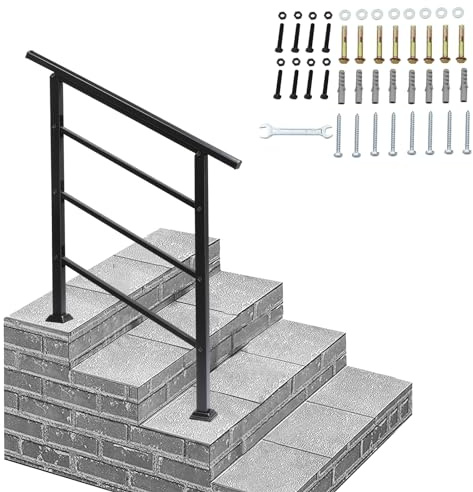 Adjustable Outdoor Handrails for Stairs, Wrought Iron Hand Rails Stairs for Outdoor Steps Handrail Stair Railing Handrail for Cross Bar Stairs Hand Rails Outside Steps Black Railing (1 to 3 Steps,A)