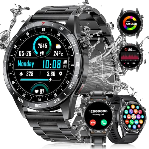 LIGE Smartwatch Herren mit 400mAh Lange Akkulaufzeit für Android iOS,1.43'' Amoled Display,123 Sportmodi,Bluetooth-Anrufe,IP68 Wasserdicht Fitnessuhr mit Herzfreherzfrequenz/Schlafmonitor,3 Armbänder