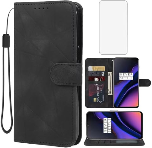 Wanyuexes Case for OnePlus 7 Case, Oneplus 6T HD1900 HD1901 Wallet Case with Tempered Glass Screen Protector, Skin Feel PU Leather Flip Folio Credit Card Holder Stand Phone Cover for Oneplus 6T Black