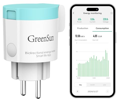 GreenSun Zeitschaltuhr Aussenbereich Wlan Steckdose - Stromzähler für Balkonkraftwerk Zeitschaltuhr Steckdose Mini-PV Stromzähler fürSteckdose WlanSteckdose Sprachsteuerung IP44