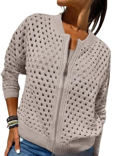 Whimsyard Giacca da donna lavorata a maglia con cerniera e ritagli, cardigan da donna con cerniera all'uncinetto, top lavorato a maglia da donna (cachi, XL)