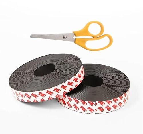 Kiuiom Bandes Souple Aimantée Magnétiques Autocollantes,Bande Magnetique Adhesive,Ruban Adhésif Magnétique,Bande Adhésive avec Ciseaux pour la Maison,Atelier,Bureau,École,2x200cm,2pièces