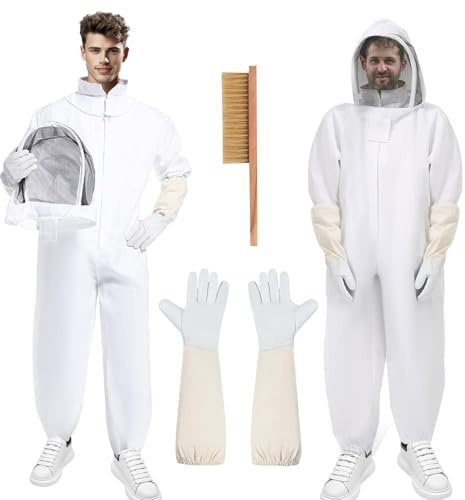 Bee Suit Sting Proof, Polycotton Beekeeping Suit Beekeeper Costume&with Glove, Brush &Ventilated Hood, Bee Outfit for Backyard and Beekeeping Supplies (XXL)
