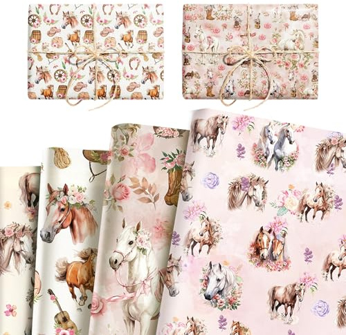 Yooyan Presentpapper, 12 ark hästar presentpapper födelsedag 68 x 50 cm, 4 olika typer av presentpapper med hästmotiv för flickor och pojkar, vuxna födelsedag presentförpackning