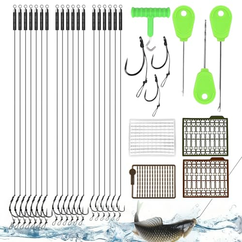 Set di 18 Ami da Pesca Senza Ardiglione Carpfishing Pre-Allacciati Multi-Taglia Carp Fishing Hair Rig con Ago per Esche e Fermo a Rete Attrezzatura da Pesca per Laghi d'Acqua Dolce e Acqua Salata