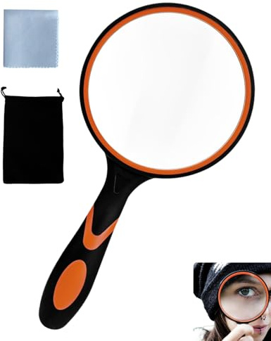 UEAVOID Loupe 10X 50mm Verre Optique, Grossissante à Main & Poignée Antidérapante. Parfaite pour Enfants, Lecture, Exploration & Hobby, Kit Sac Velours + Chiffon.