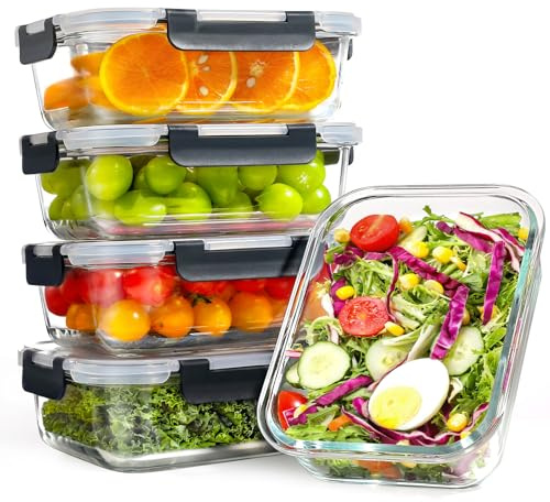 YASHE Paquete de 5 recipientes de vidrio con tapas, 1040 ml, gruesos y duraderos, recipientes de vidrio apilables herméticos para preparación de comidas, almacenamiento de alimentos sin BPA, Negro