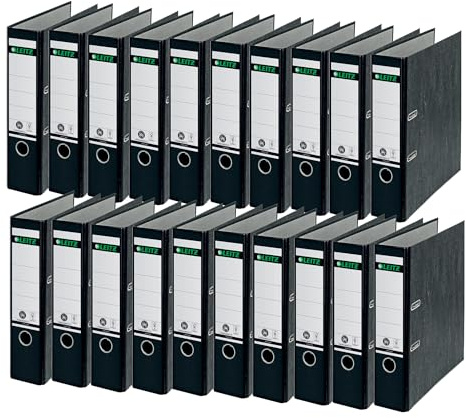 Leitz Qualitäts-Ordner, 20er Pack, das Original, DIN A4 Aktenordner 8 cm breit, Wolkenmarmor-Papier, Recycling-Ordner, Blauer Engel, Mit 180° Mechanik, Höchste Stabilität, Schwarz, 10805095