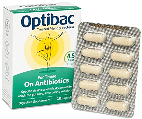 Optibac Probiotics for Those On Antibiotics - Vegan Digestive Probiotic Supplement - Lactobacillus Specifically Researched Alongside Antibiotics - Most Recommended Brand - 10 Capsules